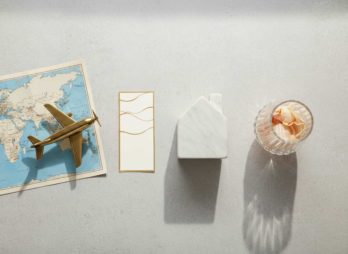 A tasteful flat lay of three distinct wedding gift fund representations arranged on a pale stone surface: a miniature brass airplane figurine on a folded map for a travel fund, a small marble house sculpture for a home fund, and a clear glass vase partially filled with pale pink rose petals for a celebration or experience fund. Between them, a slim ivory card with soft gold edges suggests an organized list, text rendered as indistinct lines. Soft, indirect daylight from above creates delicate shadows and gentle highlights on metal, stone, and glass. Captured straight down with balanced composition and ample negative space, the photographic image feels modern, elegant, and intentional, conveying exactly three refined gift options without clutter.