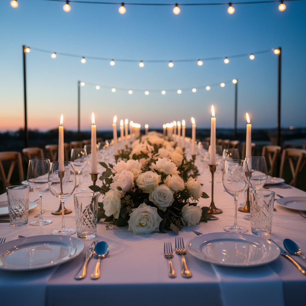 A long, elegantly laid banquet table outdoors at dusk, representing overall wedding celebration details. The table is draped in crisp white linen, with low centerpieces of white and blush flowers, trailing greenery, and tall tapered candles in brushed brass holders casting a warm flickering glow. Delicate crystal glassware and simple white plates with fine silver cutlery line the table in symmetrical rows. String lights overhead create soft bokeh in the background against a deepening blue sky. Shot from one end of the table with a cinematic, slightly low angle, the perspective draws the eye down the full length. The lighting mixes candlelight and fading natural light, creating a romantic, sophisticated atmosphere in clean, photographic realism.