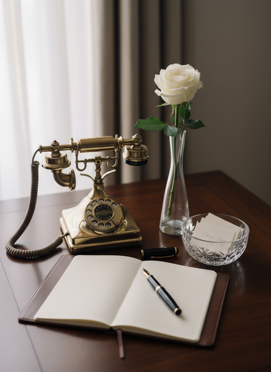 A refined concierge-style desk scene representing wedding contacts and questions: an antique brass rotary phone, a slim leather-bound notebook open to blank, lined pages, and a sleek fountain pen resting diagonally across. Nearby, a small crystal bowl holds simple ivory place cards with faint, unreadable script. The desk surface is dark walnut, polished to a soft sheen, with a single white rose in a glass bud vase adding a romantic touch. Diffused natural daylight streams from a window off-camera, creating quiet highlights along the brass and glass elements. Photographed from a slightly elevated angle with crisp focus and a subtly blurred background, the mood is calm, organized, and reassuring, conveying sophisticated support for logistics, dietary needs, and accessibility details.