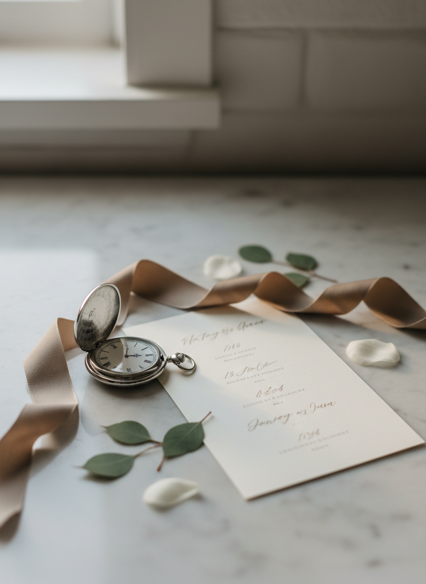A serene, detail-rich vignette showing wedding day information and schedule: a classic pocket watch with its lid open, roman numerals clearly visible, resting beside a cream-colored cardstock program whose printed lines appear as soft, unreadable strokes. A silk ribbon in muted taupe curves gracefully around them on a pale marble surface, with a single sprig of greenery and two loose white petals nearby. Gentle morning light from a nearby window creates soft highlights on the watch’s polished metal and faint shadows from the paper’s edges. Photographed at close range with a shallow depth of field and centered composition, the scene feels calm, organized, and sophisticated, suggesting timing, ceremony, and reception details with polished photographic realism.