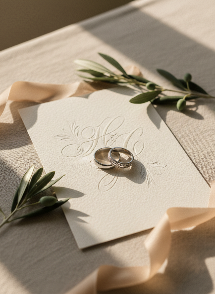 A pair of elegant wedding bands resting atop a thick, textured ivory invitation card embossed with the names “Hannah & Clay,” styled as subtle, non-readable flourishes. The card lies on a linen-covered table with a sprig of olive branch and a silk ribbon in muted champagne tones framing the scene. Soft afternoon window light falls from the left, creating gentle shadows and highlighting the metallic sheen of the rings. Shot from a slightly elevated angle with a shallow depth of field, the background fades into a creamy blur. The mood is sophisticated and timeless, with photographic realism and a clean, modern aesthetic that evokes formal wedding details and celebration information.