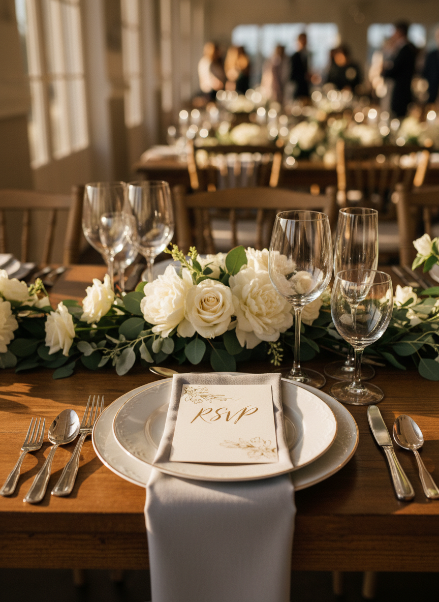 A beautifully set wedding reception table showcasing a single place setting for the RSVP section: fine white porcelain plate with a delicate gold rim, a neatly folded dove-grey linen napkin, and an understated response card placed on top with abstract markings suggesting RSVP text. Crystal glassware and polished cutlery surround the plate, while a low arrangement of white garden roses and eucalyptus adds softness. Warm golden-hour light from nearby windows casts a gentle glow and subtle reflections on the glass. Captured at eye level with a shallow depth of field, the focus is on the place setting, with other tables softly blurred behind. The atmosphere is refined, inviting, and celebratory in a photographic, sophisticated style.