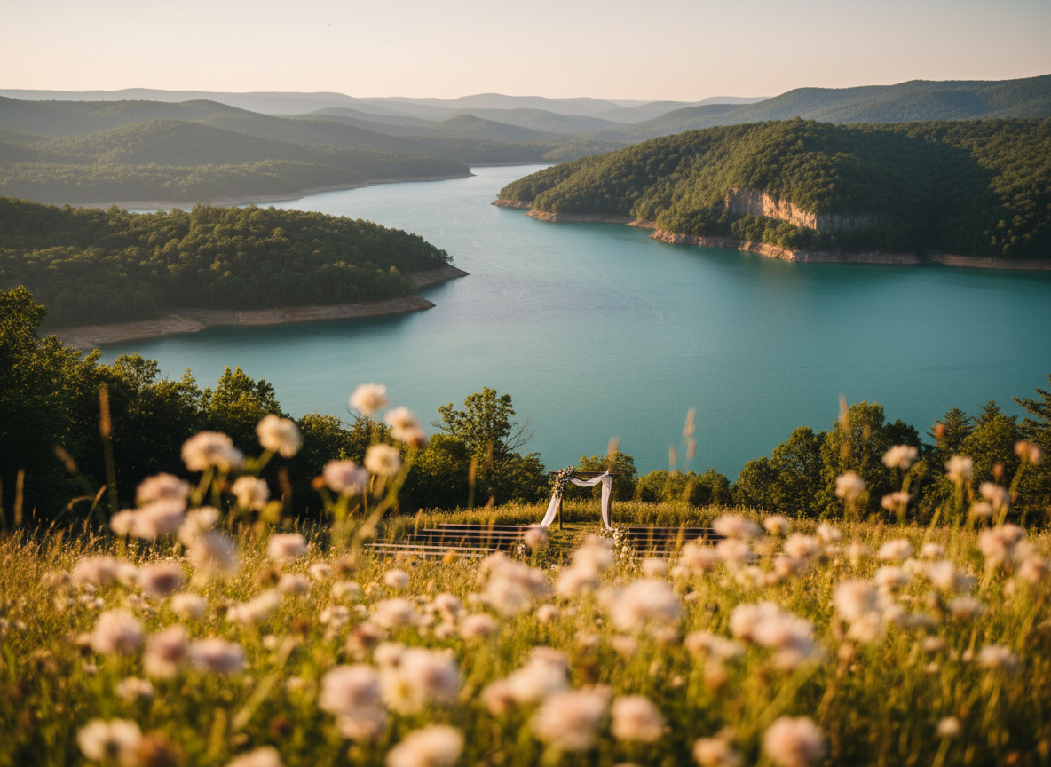 A cinematic outdoor lakeside wedding scene at Summersville Lake, West Virginia during golden hour with turquoise water, green Appalachian mountains, and delicate wildflowers in warm golden light.